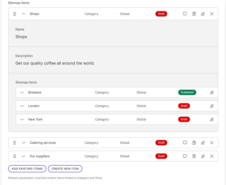 Sitemap created using linked items