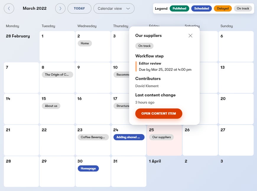 Editorial calendar with the calendar view and content item details opened.