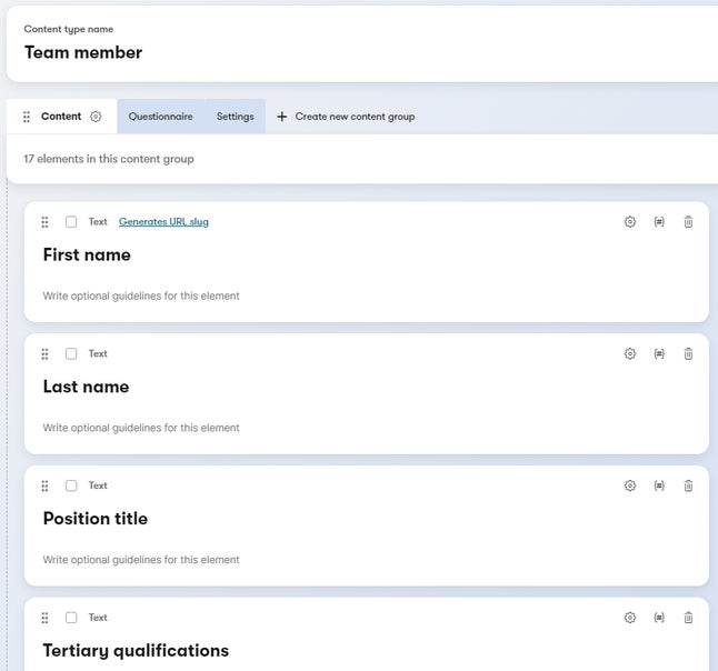 Team profile's content type with a content group about personal information.