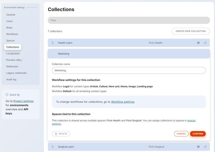 Overview of collections in the environment’s collections settings. The collections are linked to several spaces.