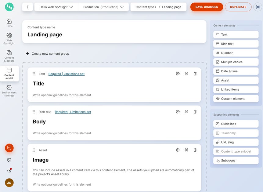 Assembled Landing page content type for Hello Web Spotlight
