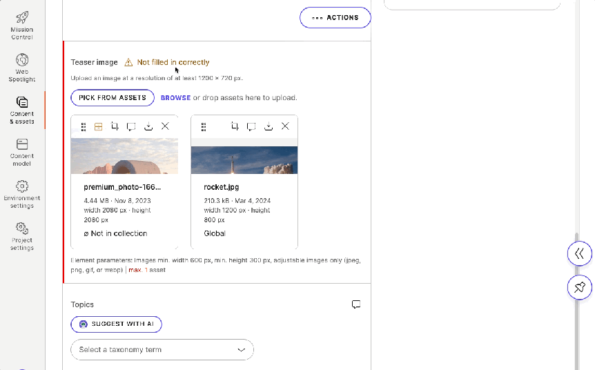 Content details sidebar shows an indication which element is left incomplete