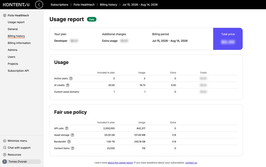 Usage report for a past billing period
