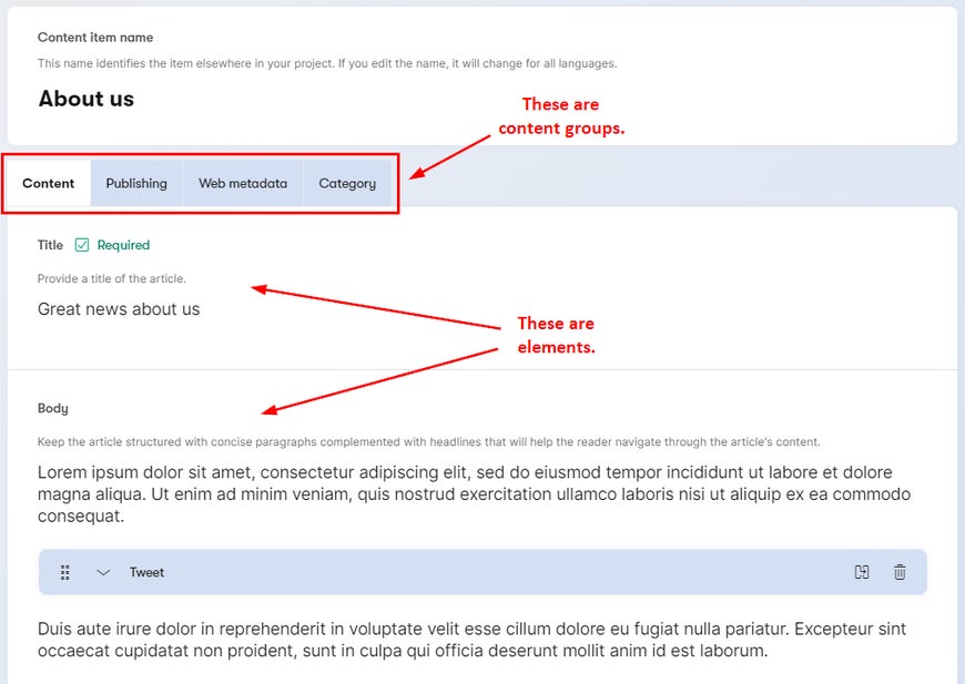 Content groups and elements in a content item.