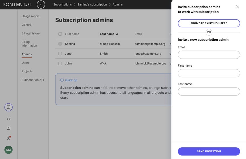 Inviting a new subscription admin