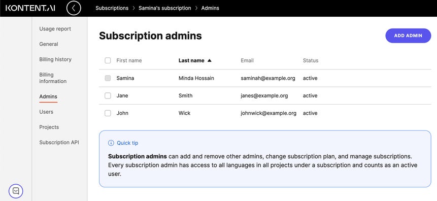 A list of subscription admins under one subscription