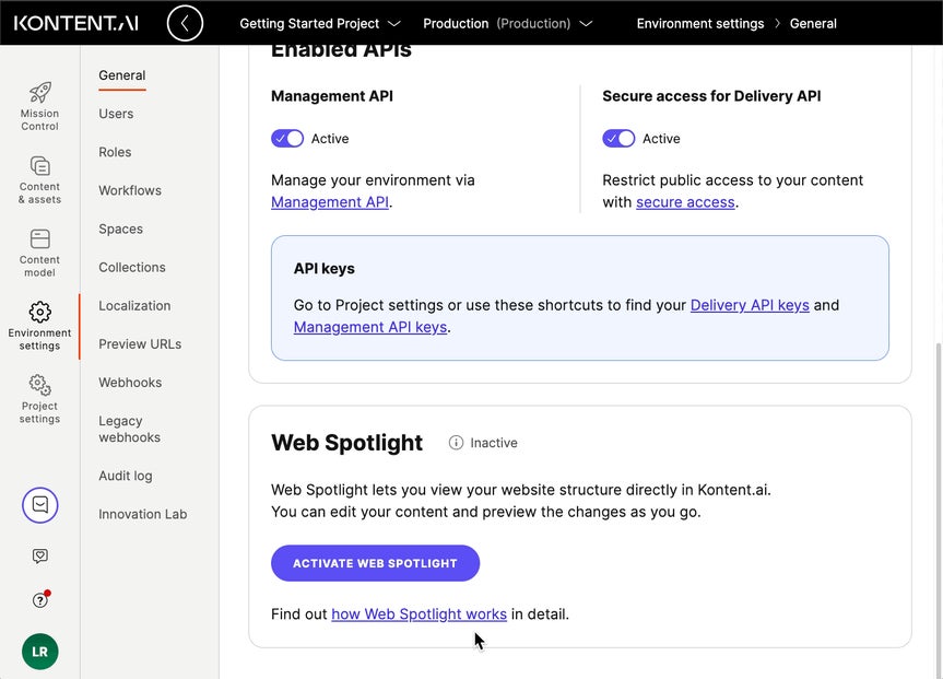 Web Spotlight is activated in Environment settings, where users can go directly to Spaces. Then, the space is edited to include an existing root item for Web Spotlight.