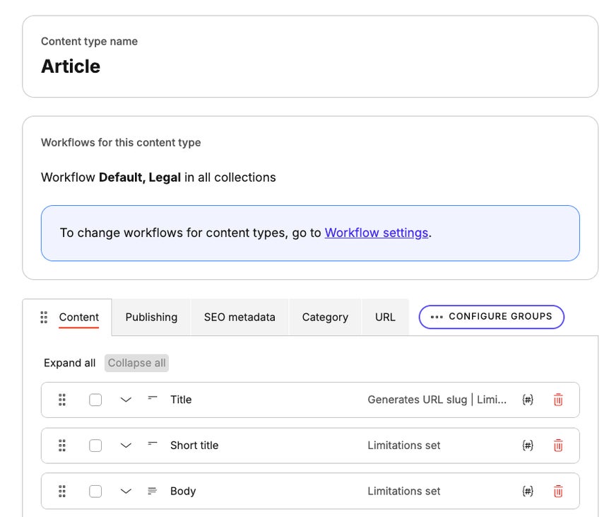 A content type with elements organized in several content groups