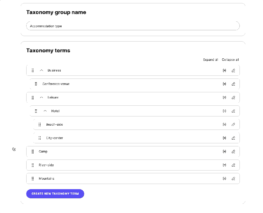 Managing a taxonomy group by reordering, nesting, renaming and deleting terms