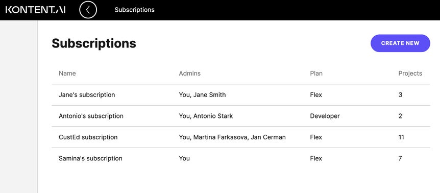 List of subscriptions with their names, admins, plan, and number of projects
