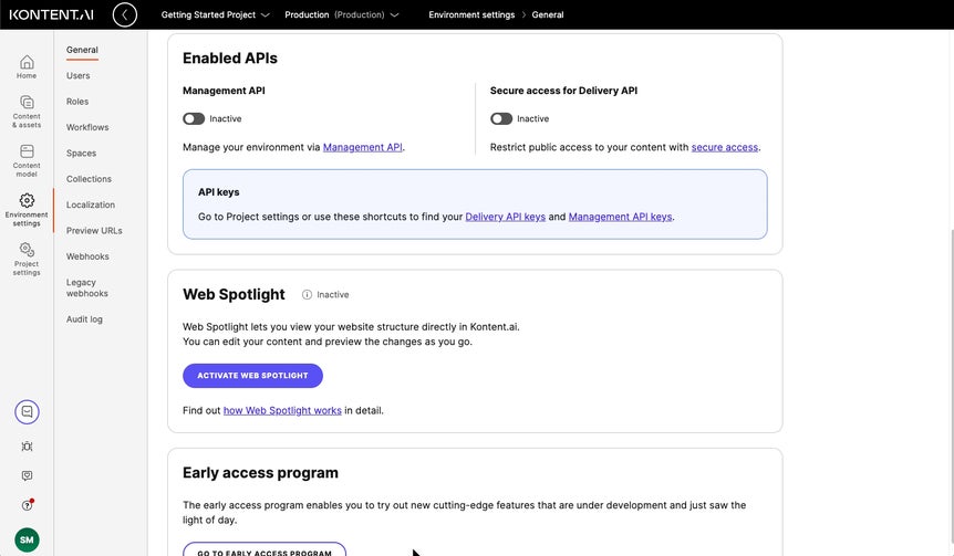 Web Spotlight is activated in Environment settings, where users can go directly to Spaces. Then, the space is edited to include an existing root item for Web Spotlight.