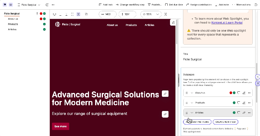 Reordering pages in live preview's navigation tree.