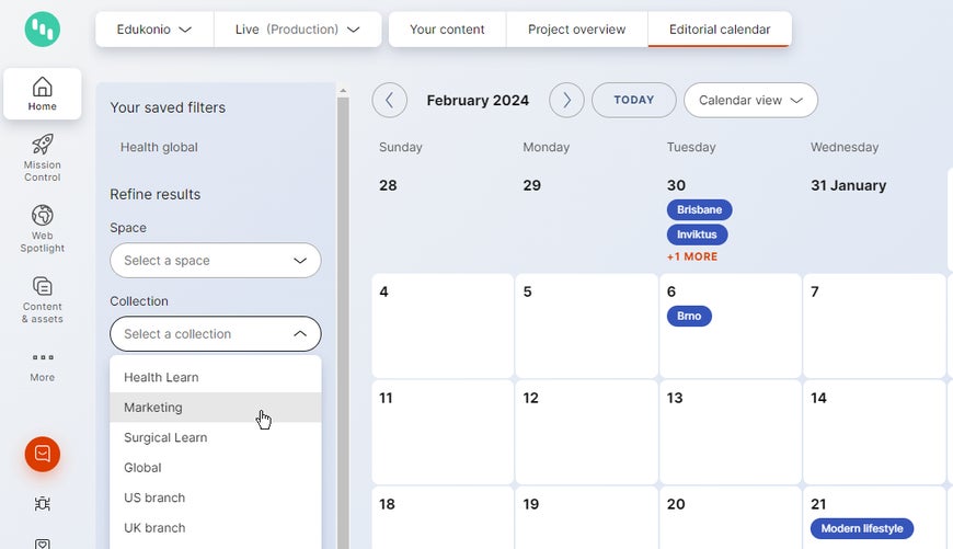 Content filtering in editorial calendar