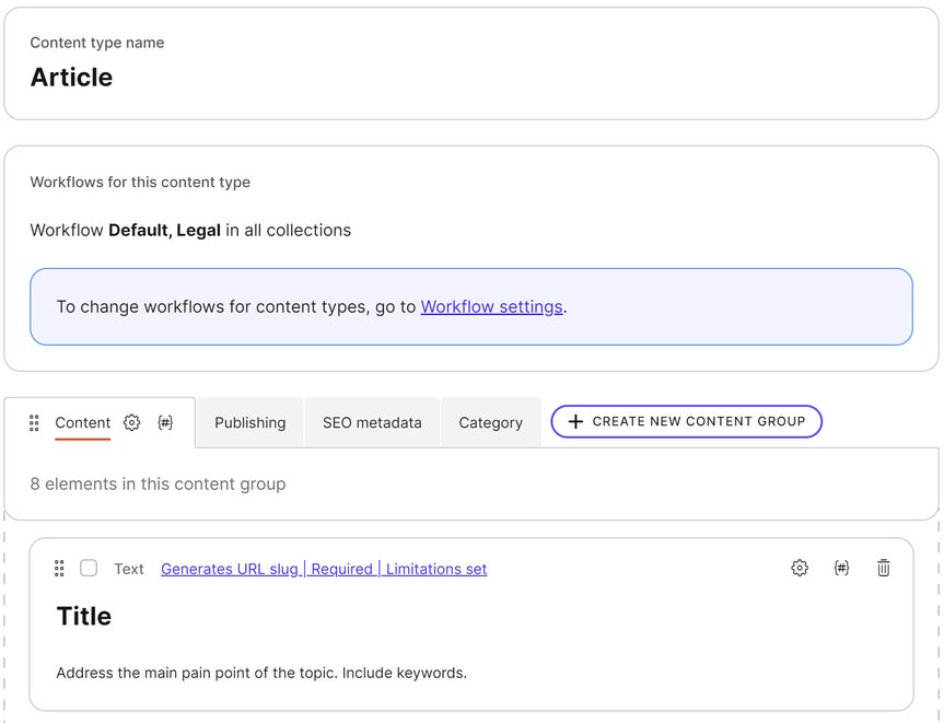 A content type with elements organized in several content groups