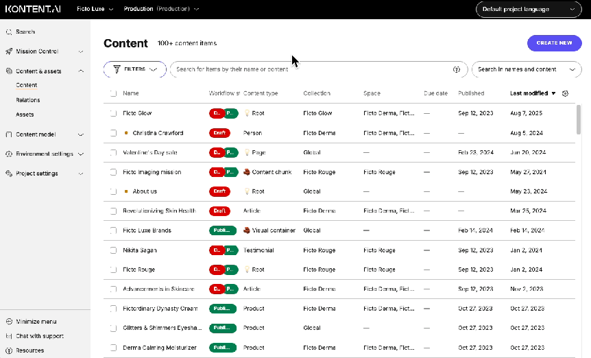 Filtering content items using collections in Ficto Luxe project.