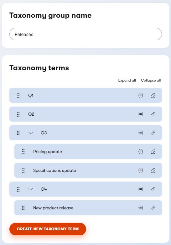 Taxonomy used for tagging content into releases