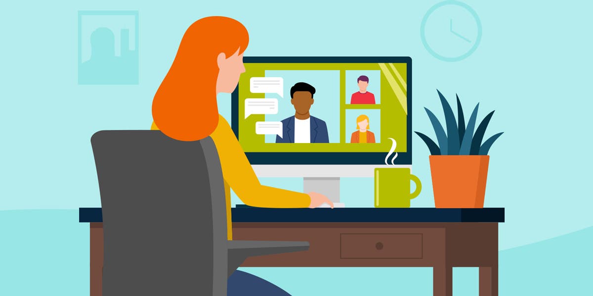 animated image of a woman looking at a computer screen with a virtual meeting on the screen to show that this blog is about best practices for leading remote meetings