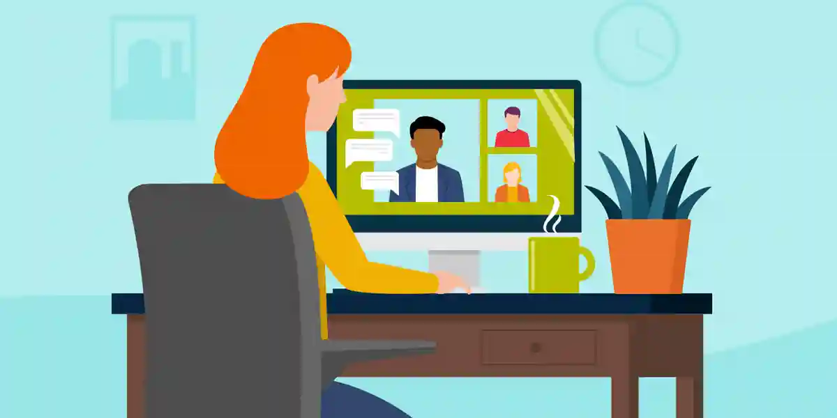 animated image of a woman looking at a computer screen with a virtual meeting on the screen to show that this blog is about best practices for leading remote meetings