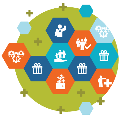 illustration of a circle made of several pieces that fit together, on each piece and icon that deals with building a culture of trust, for example a hand holding several people icon as this section is about the benefits of building a trust culture