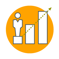 icon of a man business professional on a bar chart trending upward to show this best practice for how to create a learning journey is that it is data driven