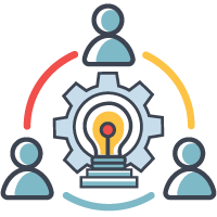 A lightbulb surrounded by a gear, surrounded by three people icons at each point, to show adaptive coaching is a type of coaching in the workplace.