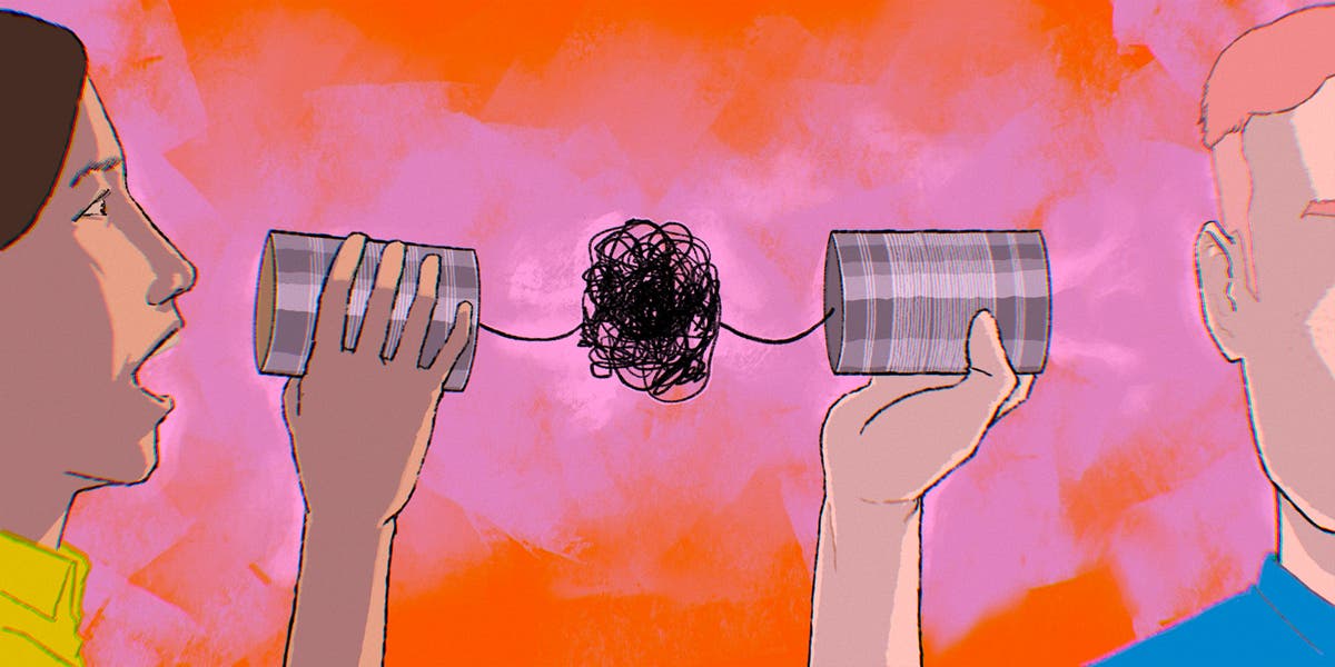 illustration of two leaders, each holding a tin can up to one ear, one leader talking into their can with the other leader listening into their can, and in the middle of the cans is a jumbling of wires connecting both cans to show that this blog gives tips for improving communication in the workplace (as workplace communication can be difficult to get right)