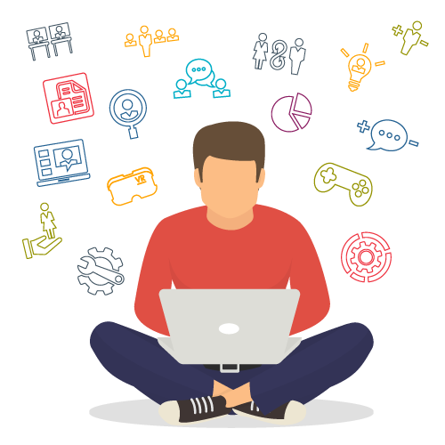 Illustration of a person sitting cross-legged with their laptop and icons around them showing a range of short microlearning options that are part of a learning journey?fm=webp&q=65