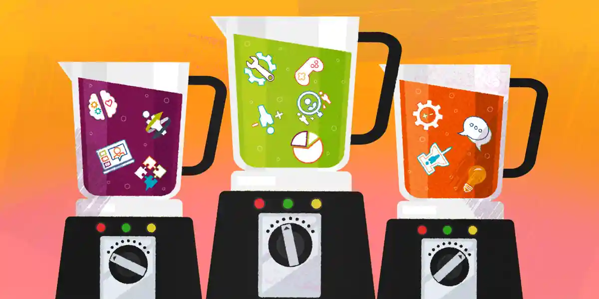 three illustrated blenders with different icons and images that represent different blended learning strategies floating in each blender's juice