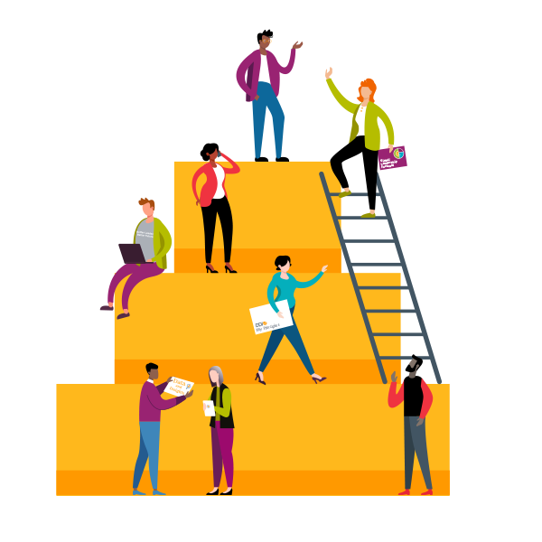 illustration of a pyramid with business professionals working on each level, with the middle level connected to the top level via a ladder to show the Ultimate Guide to Leadership Development will give you tips to build a strong foundation for your leadership programs, so they'll be sure to succeed ?fm=webp&q=15