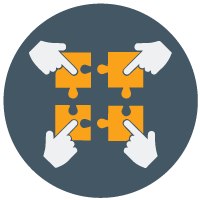 icon of several hands building a puzzle together to show this leadership shift to support remote work culture is about showing your remote team how to collaborate effectively in a virtual environment 