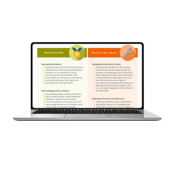 laptop that shows DDI leadership assessment is part of DDI's learner experience, with half the screen showing where the leader is doing well, and the other half of the screen showing ways the leader can improve?fm=webp&q=65