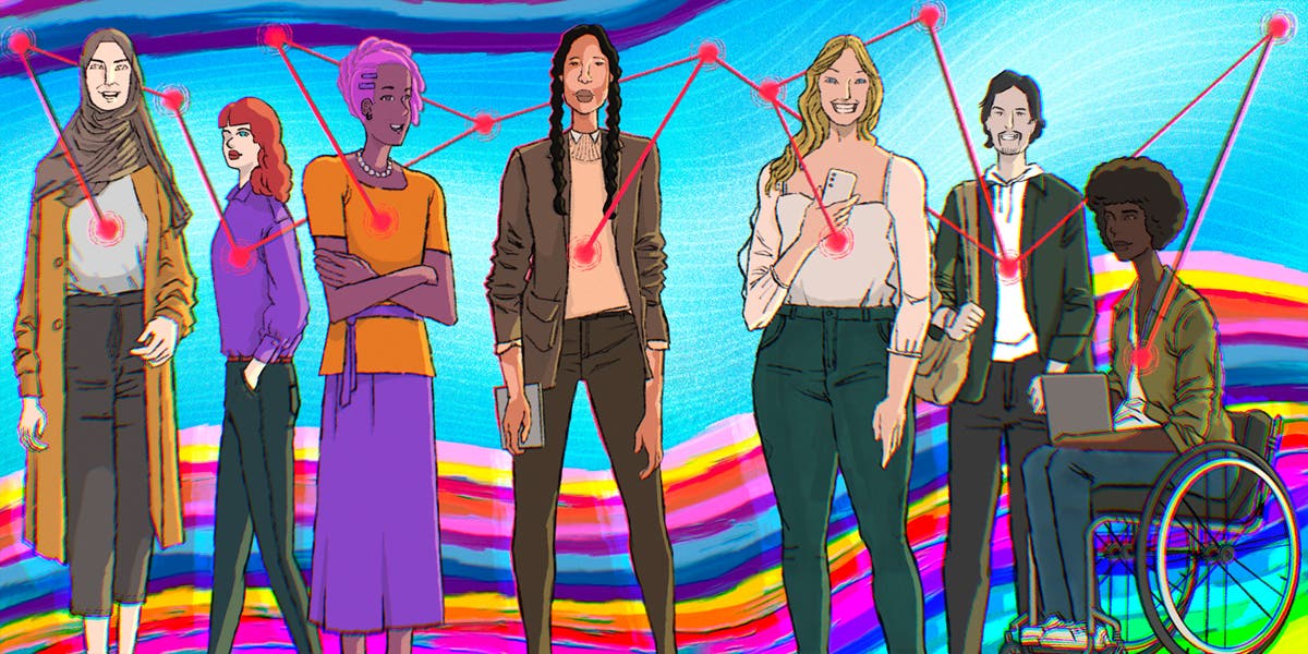 illustration of several diverse women standing and looking confident with a colorful wave in the background as this blog is about how women leaders can build strong networks