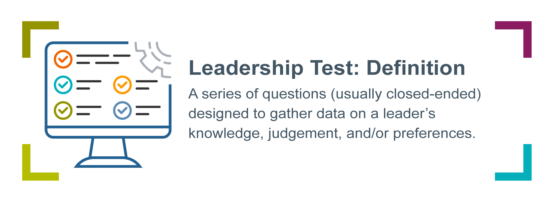 Graphic of a computer with checkmarks, accompanied by the definition of a leadership test. The definition says