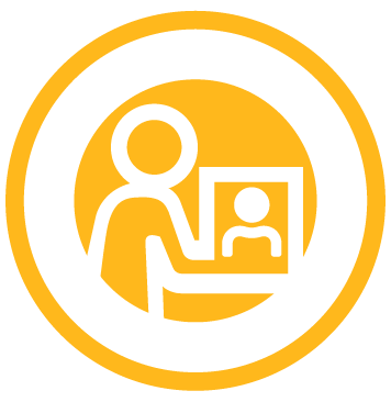 Icon of person talking with someone else on a computer to represent virtual classrooms
