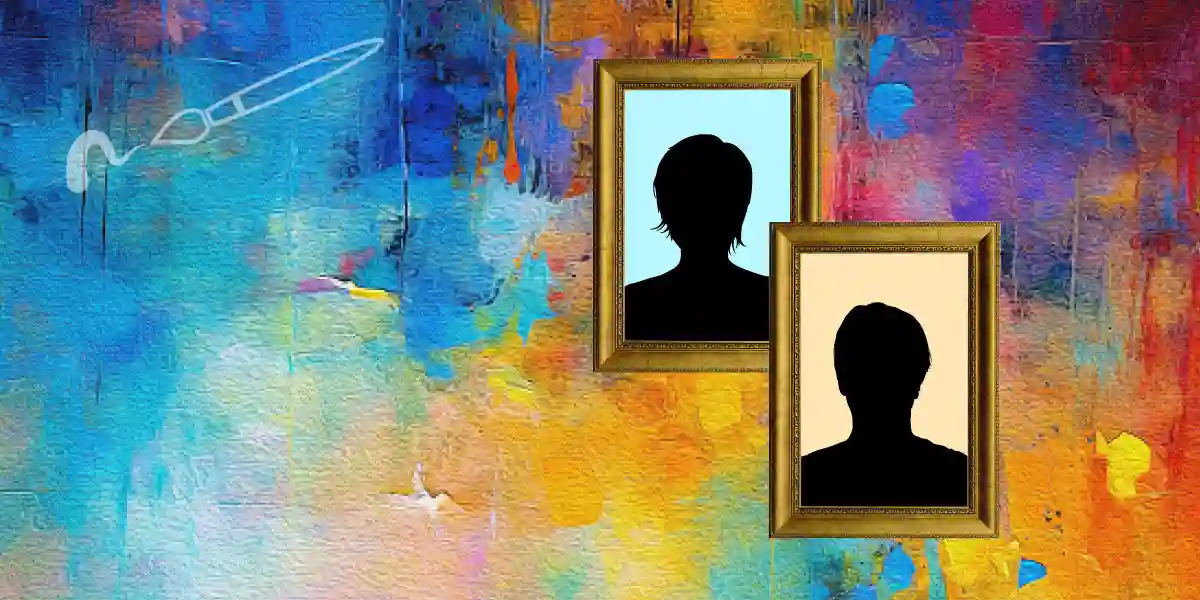 colorful painted background with two framed portraits of people's faces blacked out beside an icon of a paint brush?fm=webp&q=15