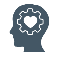 icon with a head with a gear with a heart inside it to show that this strategy for embracing diversity in the workplace is about building your platform on empathy, feedback, and psychological safety 