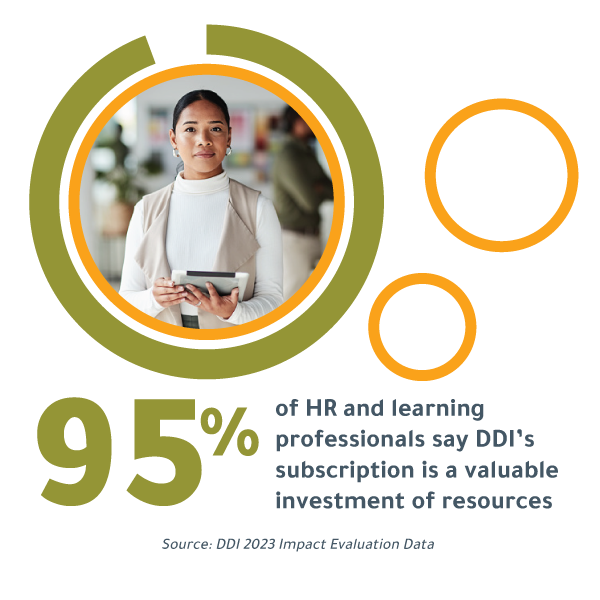 data graphic with a photo of a young professional woman with a tablet with text that says, "95% of HR and learning professionals say DDI's leadership development subscriptions are a valuable investment of resources." Source: DDI's 2023 Impact Evaluation data?auto=format&q=75