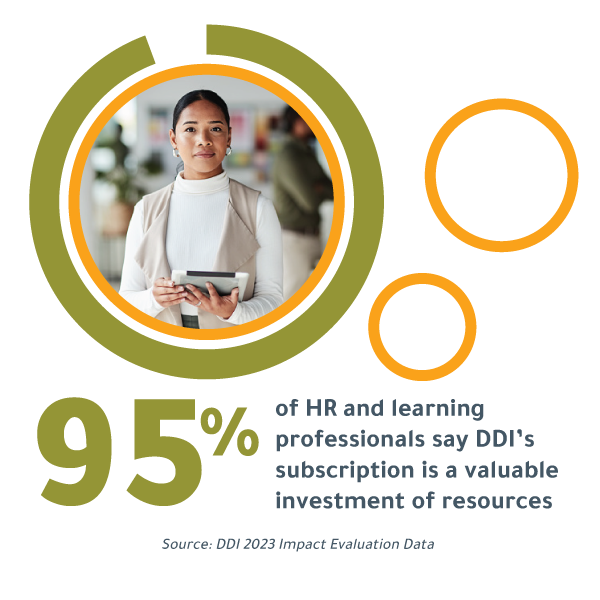 data graphic with a photo of a young professional woman with a tablet with text that says, "95% of HR and learning professionals say DDI's leadership development subscriptions are a valuable investment of resources." Source: DDI's 2023 Impact Evaluation data?fm=webp&q=75