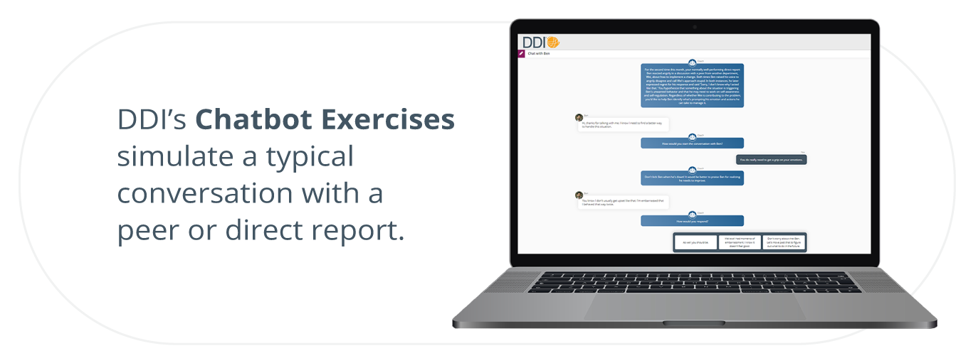 written to the left: DDI’s Chatbot Exercises simulate a typical conversation with a peer or direct report. And to the right, a laptop with a DDI chatbot exercise up on the screen