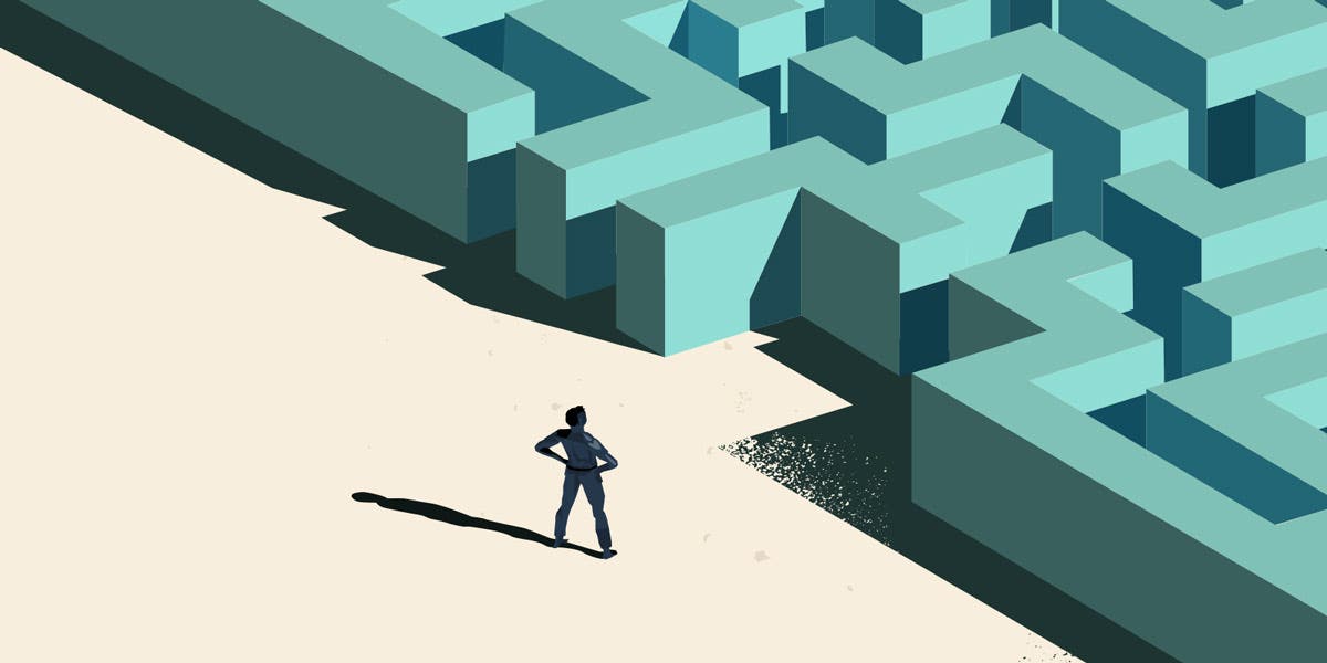 animated man standing confidently in front of a maze to symbolize the beginning of his leadership journey