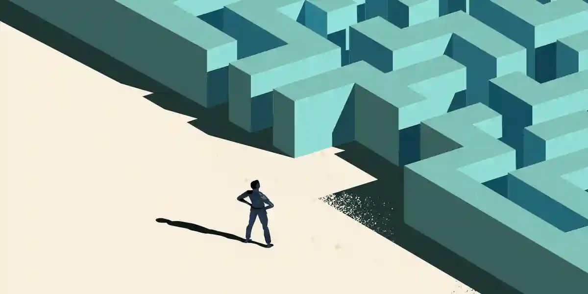 animated man standing confidently in front of a maze to symbolize the beginning of his leadership journey