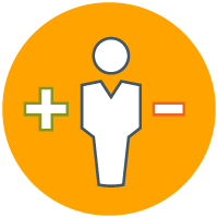 person icon with a plus sign on the left and a minus sign on the right to show a business simulation as one type of an executive leadership assessment