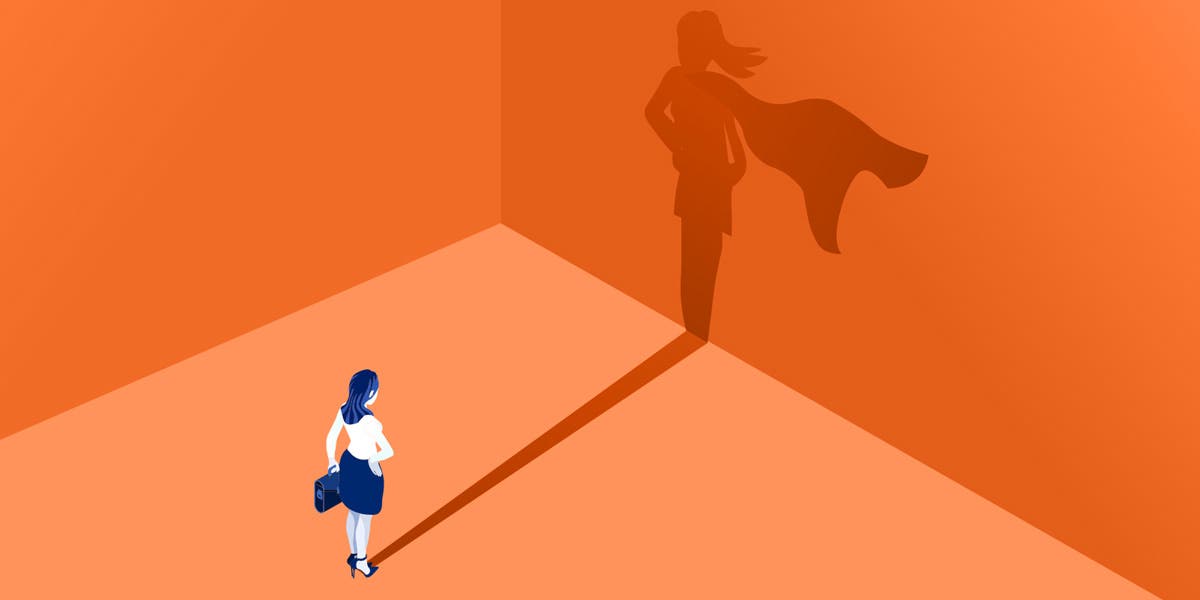 illustration of a woman leader staring at her shadow, which shows her with a cape on, showing that this blog is about the top 10 executive leadership qualities
