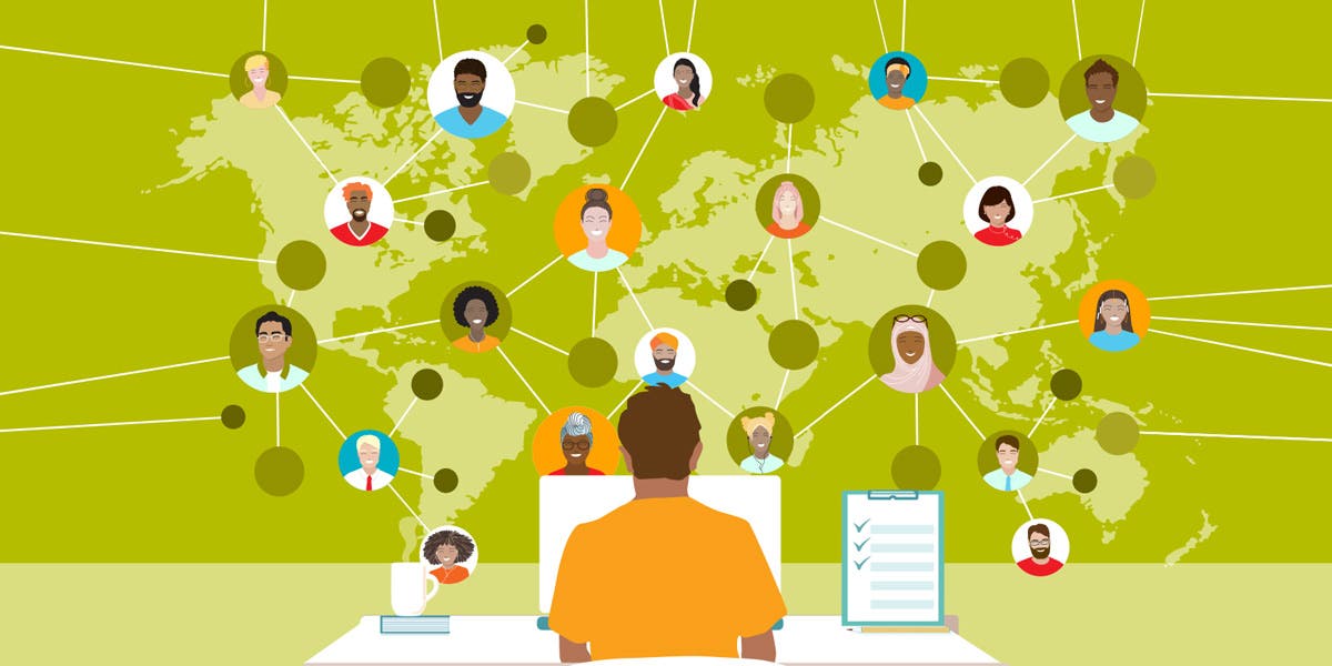 illustration of a leader working virtually, a computer in the background and a map up top with circles with diverse people's faces and lines connecting them to show this blog is about managing geographically dispersed teams