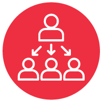 icon of a leader with arrows pointing to three different people icons to show that delegating for opportunity is one of the leadership skills needed when learning how to create an inclusive environment