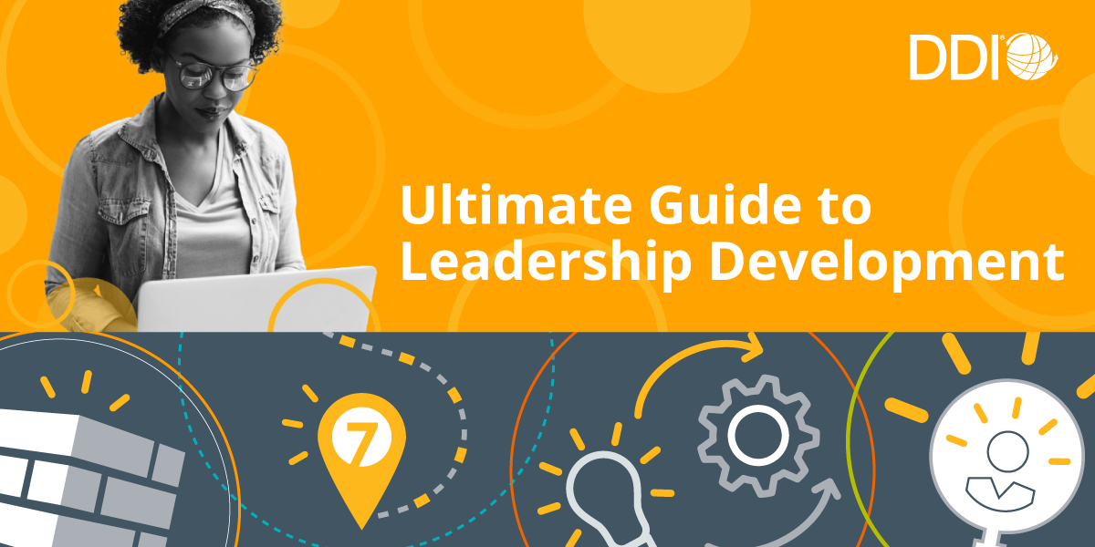 "Ultimate Guide to Leadership Development" listed up top with several icons below, such as the ending destination in a map, a light bulb lit, gears, etc. to symbolize the varying content in this guide