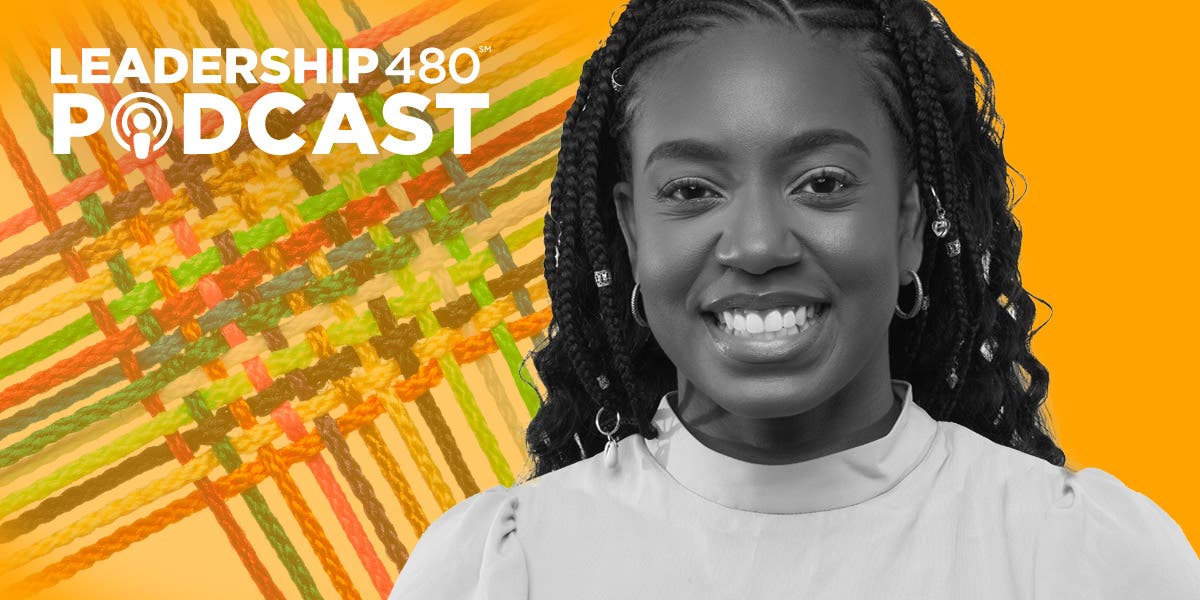 headshot of Dr. Courtney McCluney, educator and researcher, who discusses the invisible thread connecting inclusion, wellness, and performance at work in this DDI podcast episode, beside different colored threads woven together