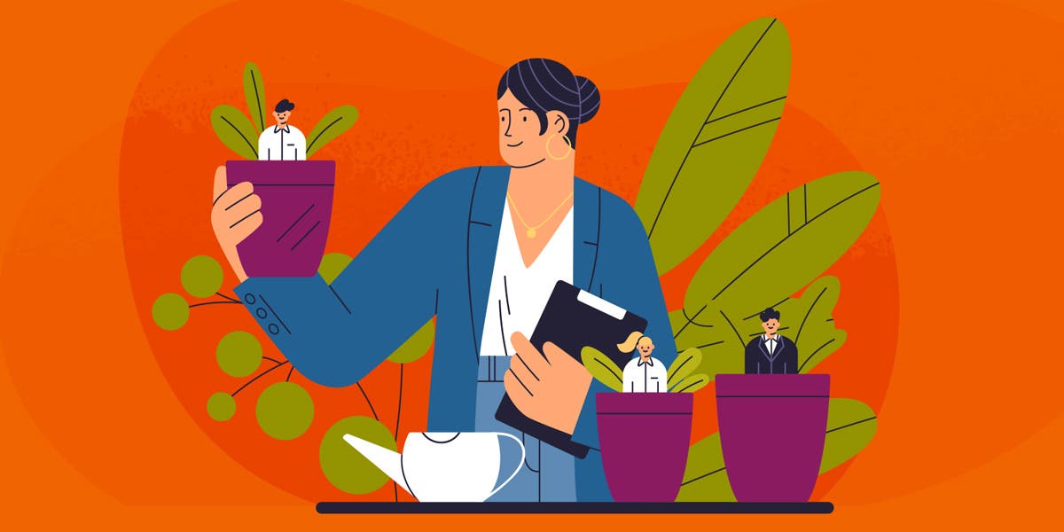 illustration of a woman business professional watering three potted plants with man and woman business professionals "growing" out of the pots to show this blog is about how to identify and grow emerging leaders in the workplace