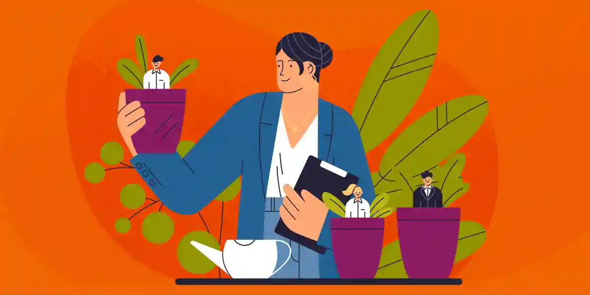 Illustration d’une femme d’affaires arrosant trois plantes en pot avec un homme et une femme d’affaires professionnels « poussant » hors des pots pour montrer que ce blog traite de la façon d’identifier et de développer les leaders émergents sur le lieu de travail