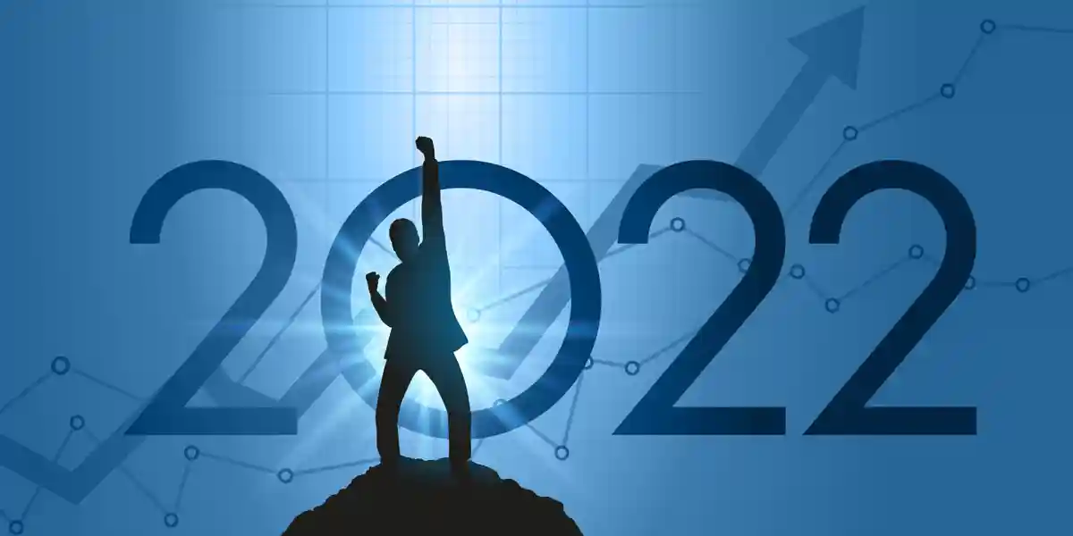 image of a leader with their fist pumped in the air with 2022 in the background to show that this blog post is about leadership trends for 2022